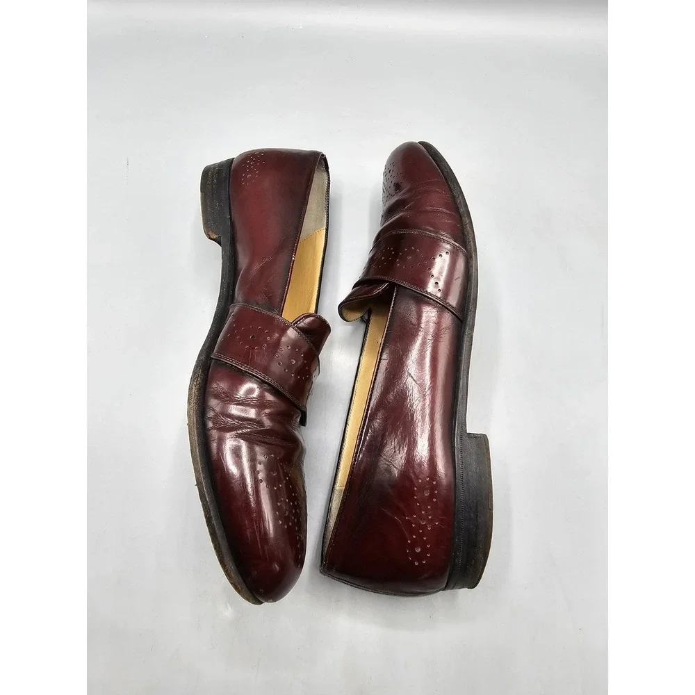 Vintage Salvatore Ferragamo‎ Brogue Slip On Burgundy Loafers Men's 11.5 D Italy